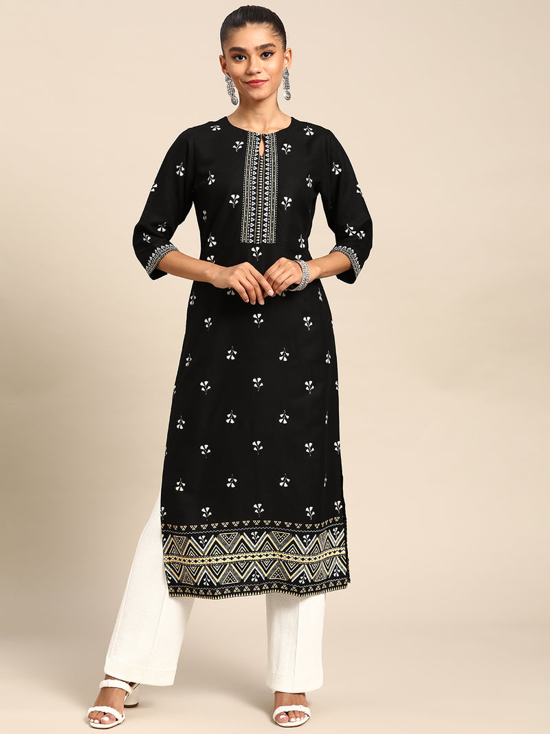 Black Printed Viscose Rayon Kurta
