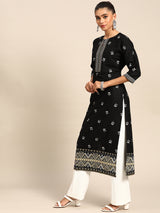 Black Printed Viscose Rayon Kurta