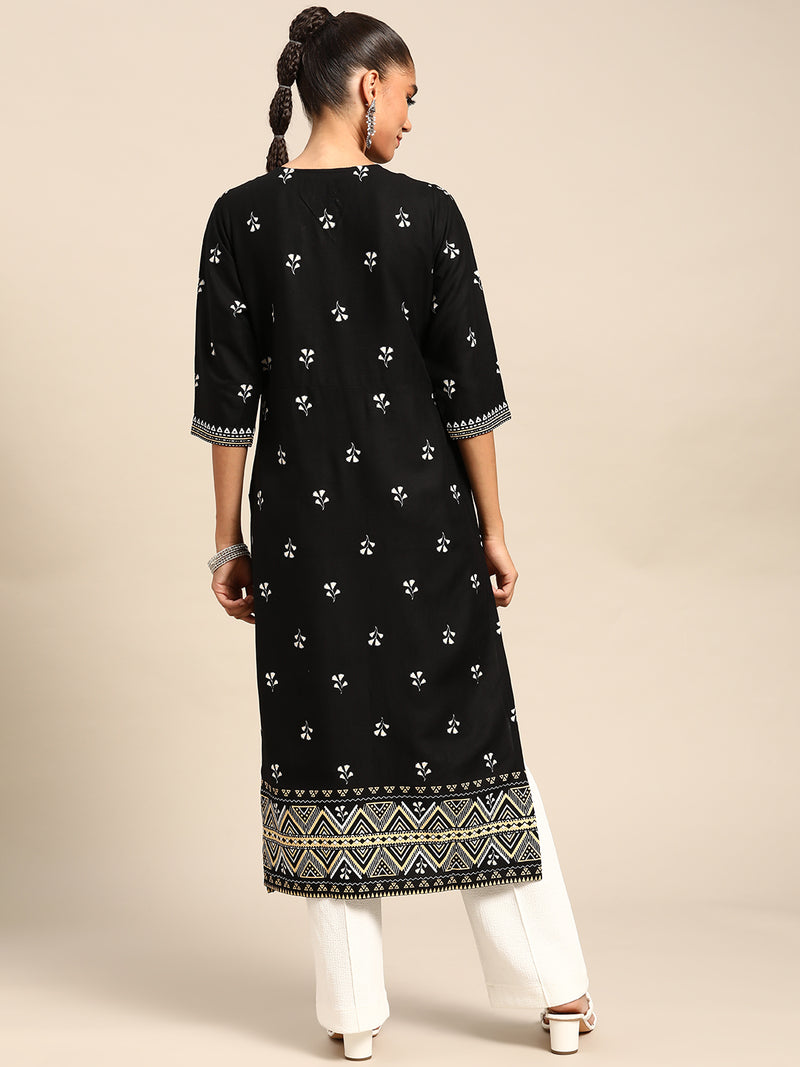 Black Printed Viscose Rayon Kurta