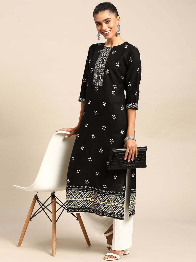 Black Printed Viscose Rayon Kurta