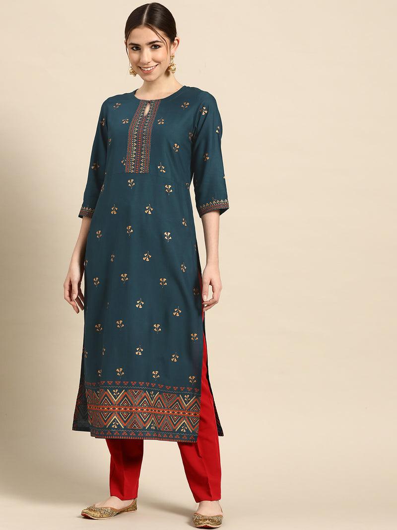 Blue Printed Viscose Rayon Kurta