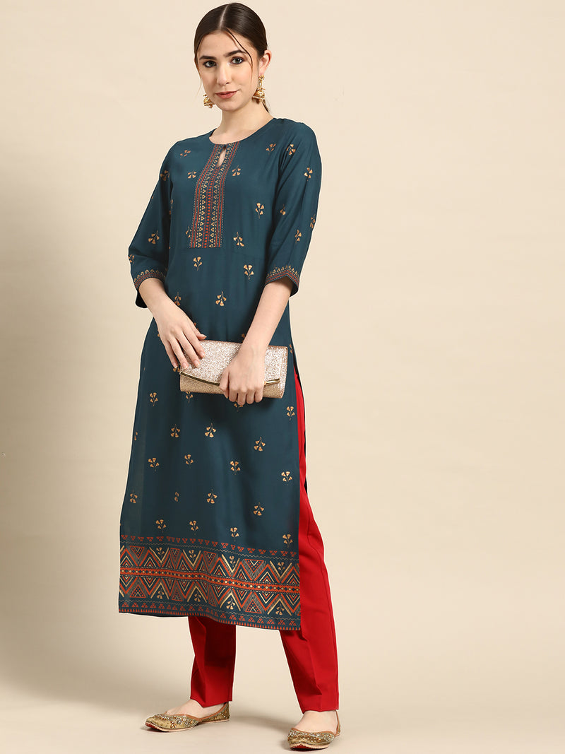 Blue Printed Viscose Rayon Kurta