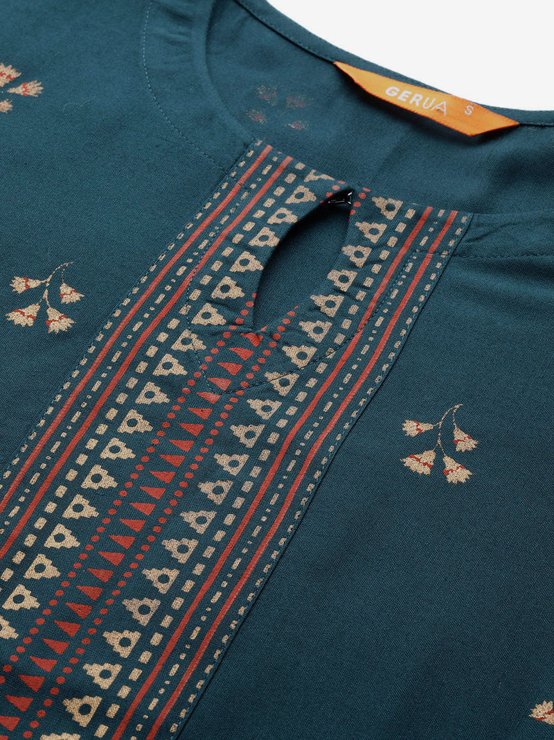 Blue Printed Viscose Rayon Kurta