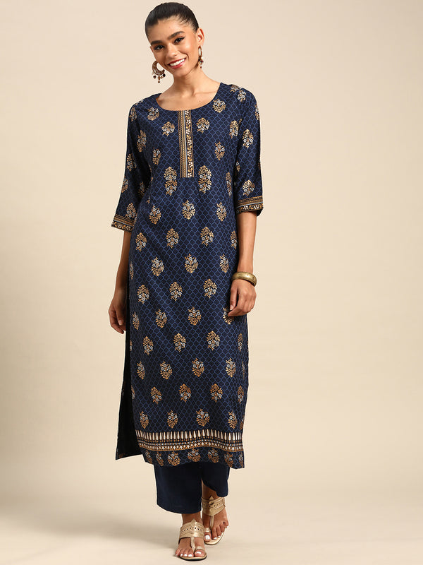 Blue Printed Viscose Rayon Kurta
