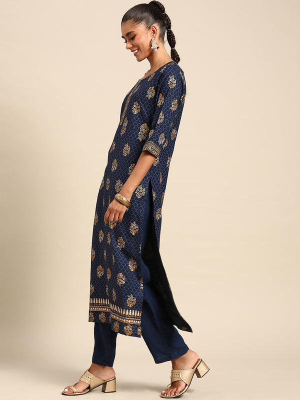 Blue Printed Viscose Rayon Kurta