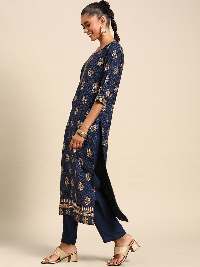 Blue Printed Viscose Rayon Kurta