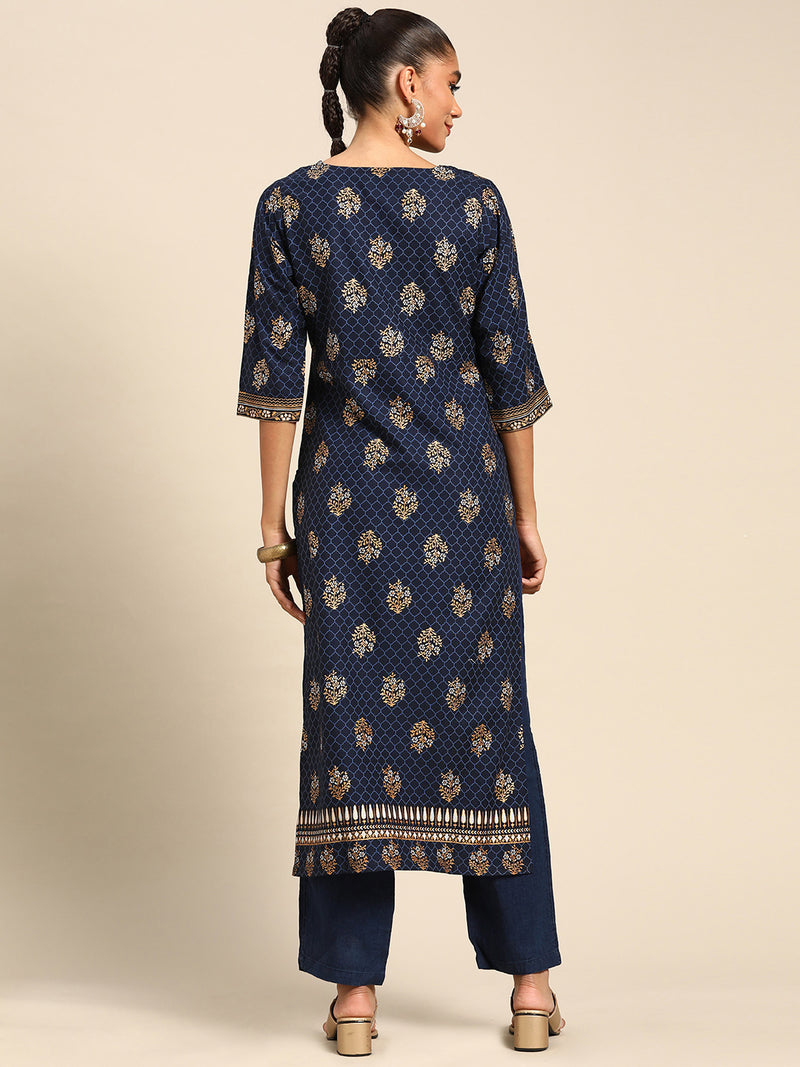 Blue Printed Viscose Rayon Kurta