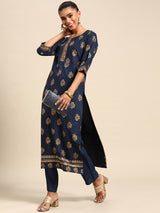 Blue Printed Viscose Rayon Kurta