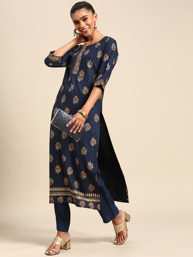 Blue Printed Viscose Rayon Kurta