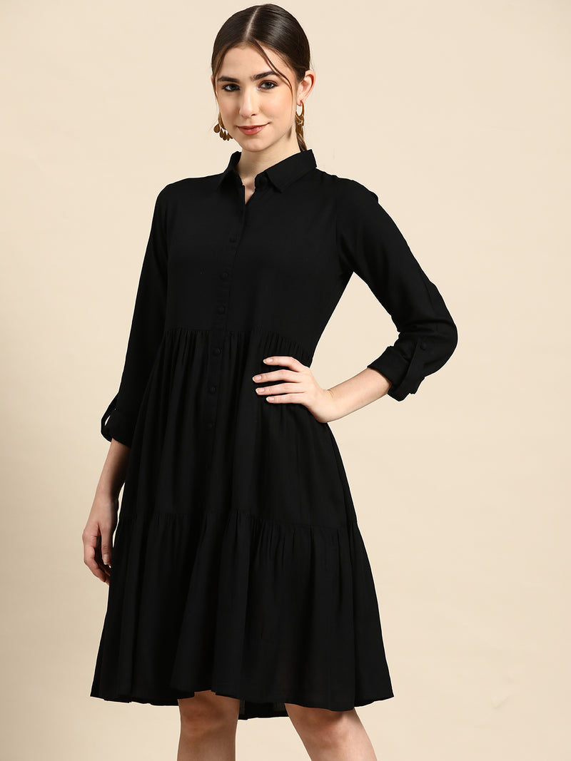 Black Solid Aline Dress