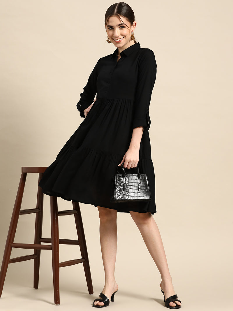 Black Solid Aline Dress