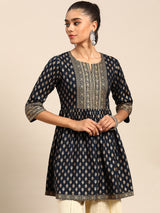 Navy Blue Printed Rayon Kurti
