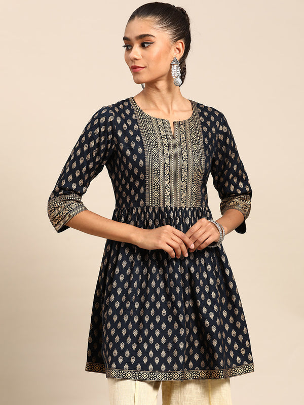 Navy Blue Printed Rayon Kurti