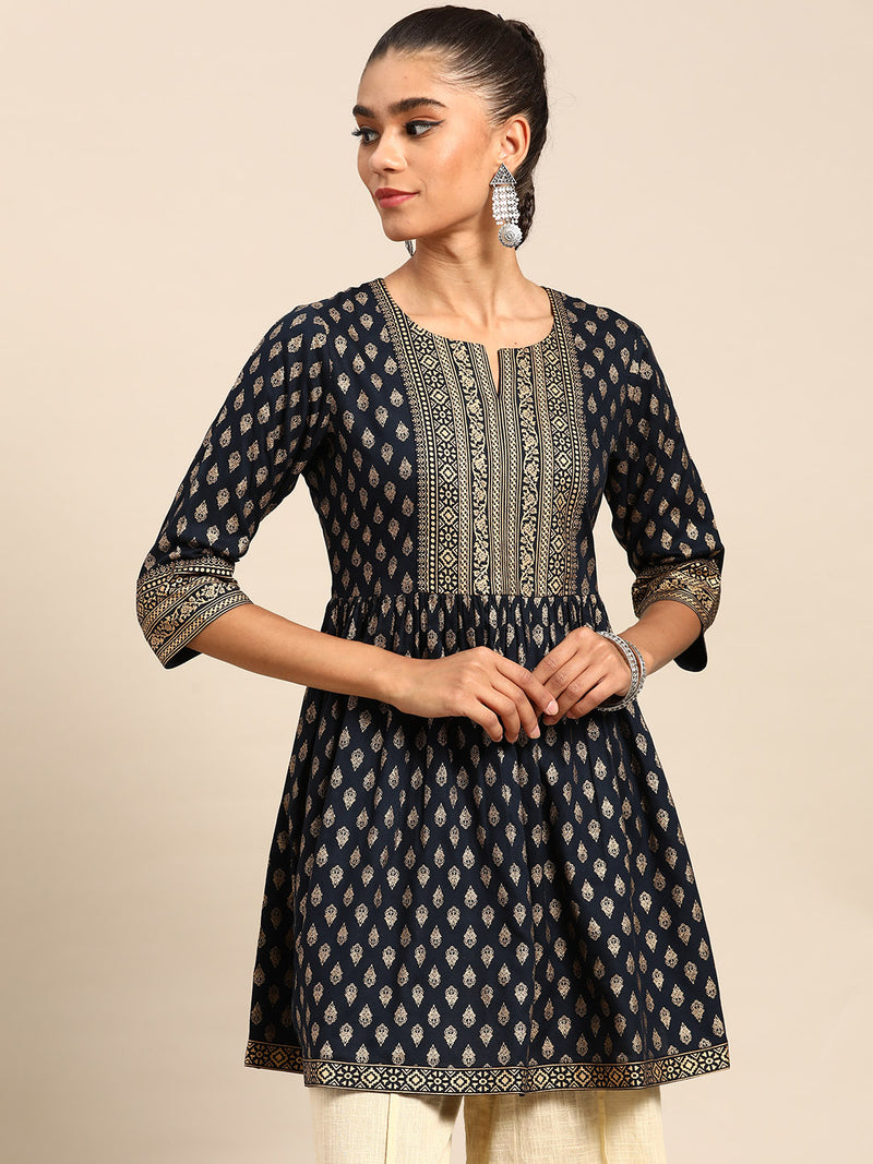Navy Blue Printed Rayon Kurti