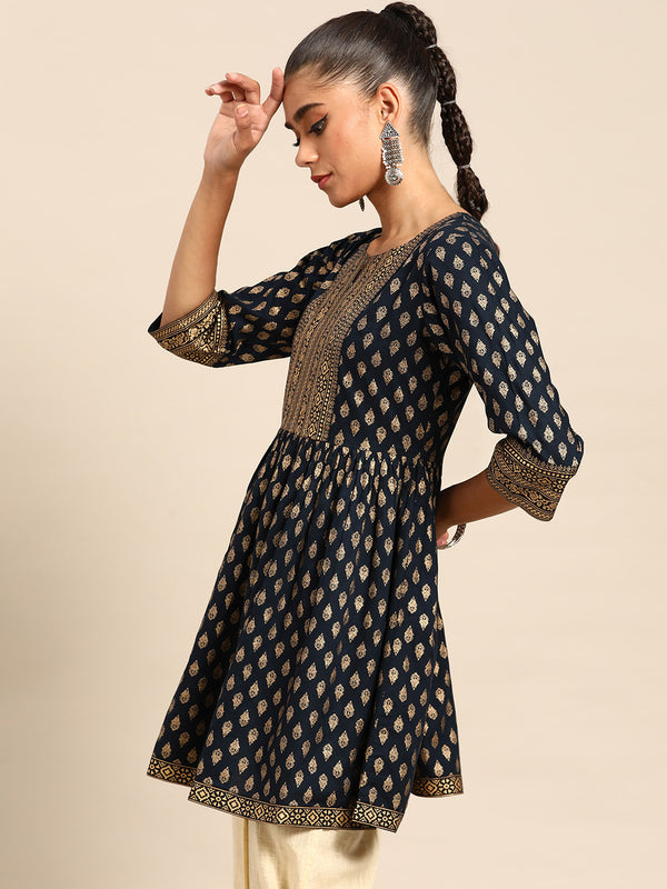 Navy Blue Printed Rayon Kurti