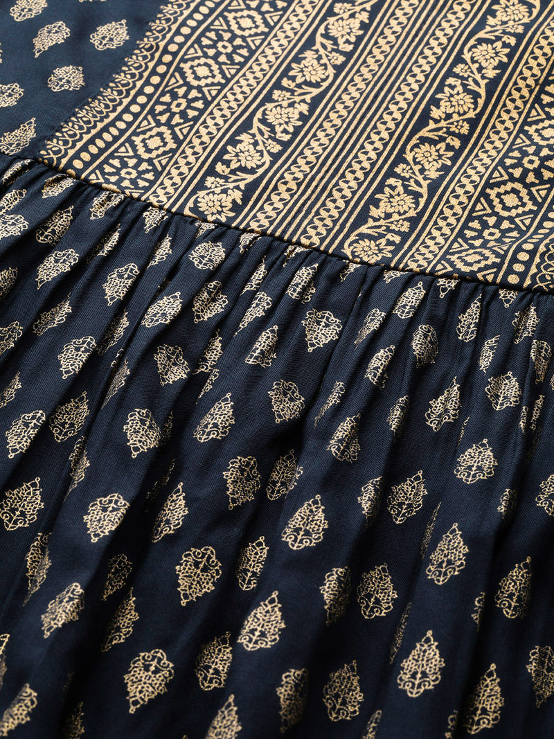 Navy Blue Printed Rayon Kurti