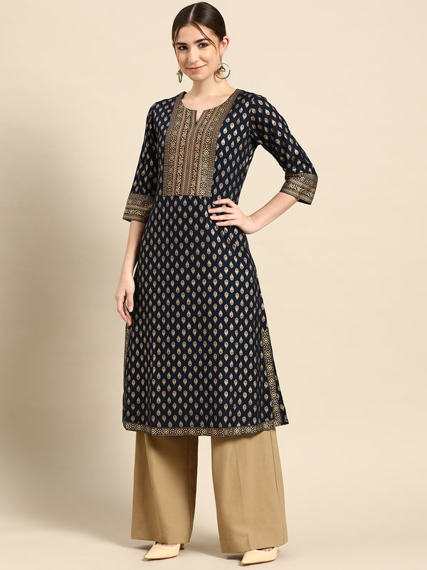 Navy Blue Printed Viscose Rayon Kurta