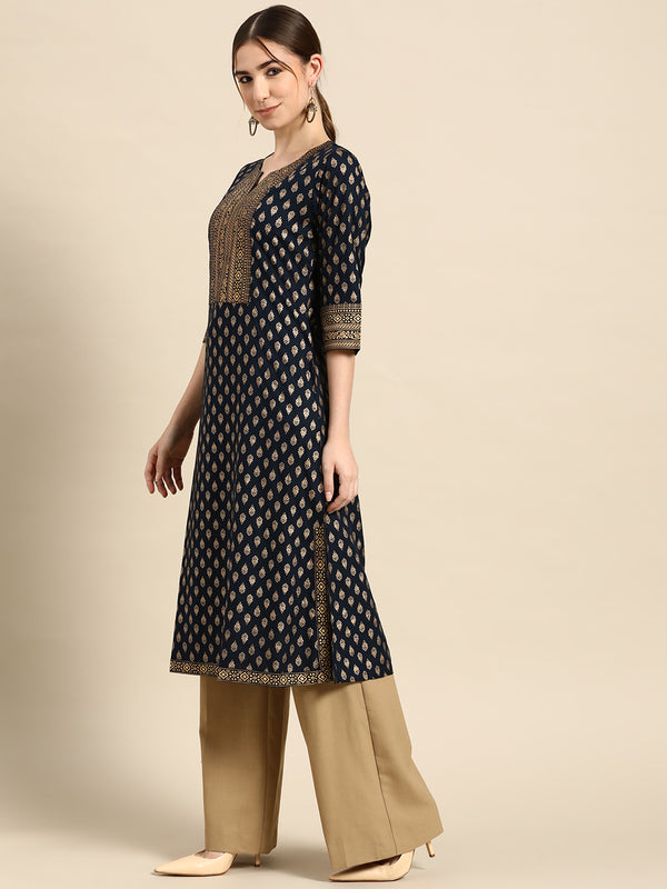 Navy Blue Printed Viscose Rayon Kurta