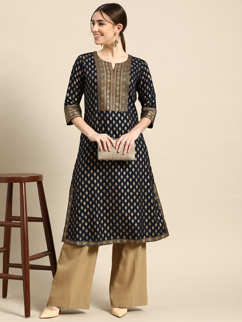 Navy Blue Printed Viscose Rayon Kurta