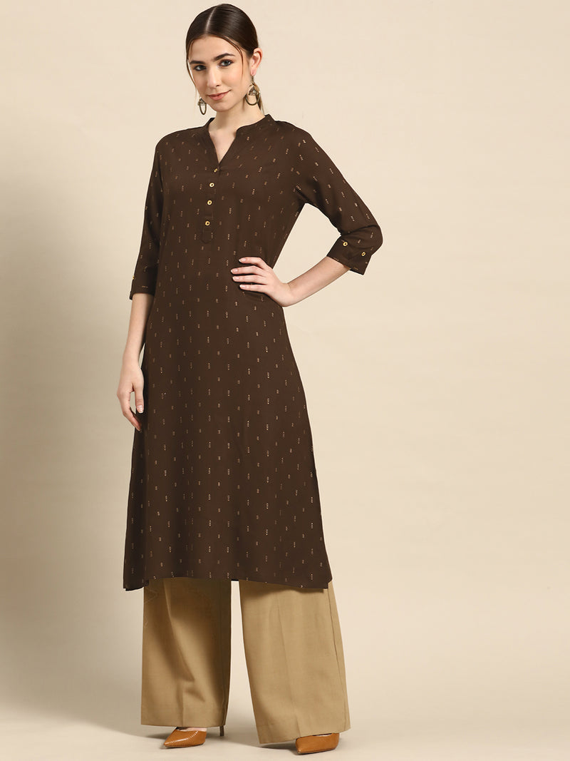 Coffee Brown Printed Viscose Rayon Kurta