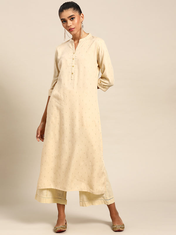 Beige Printed Viscose Rayon Kurta