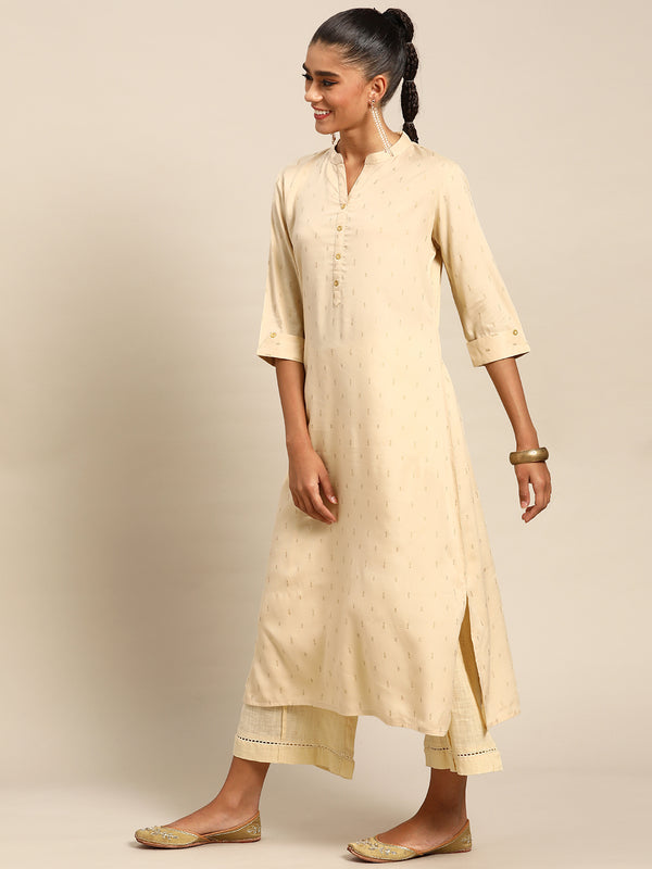 Beige Printed Viscose Rayon Kurta