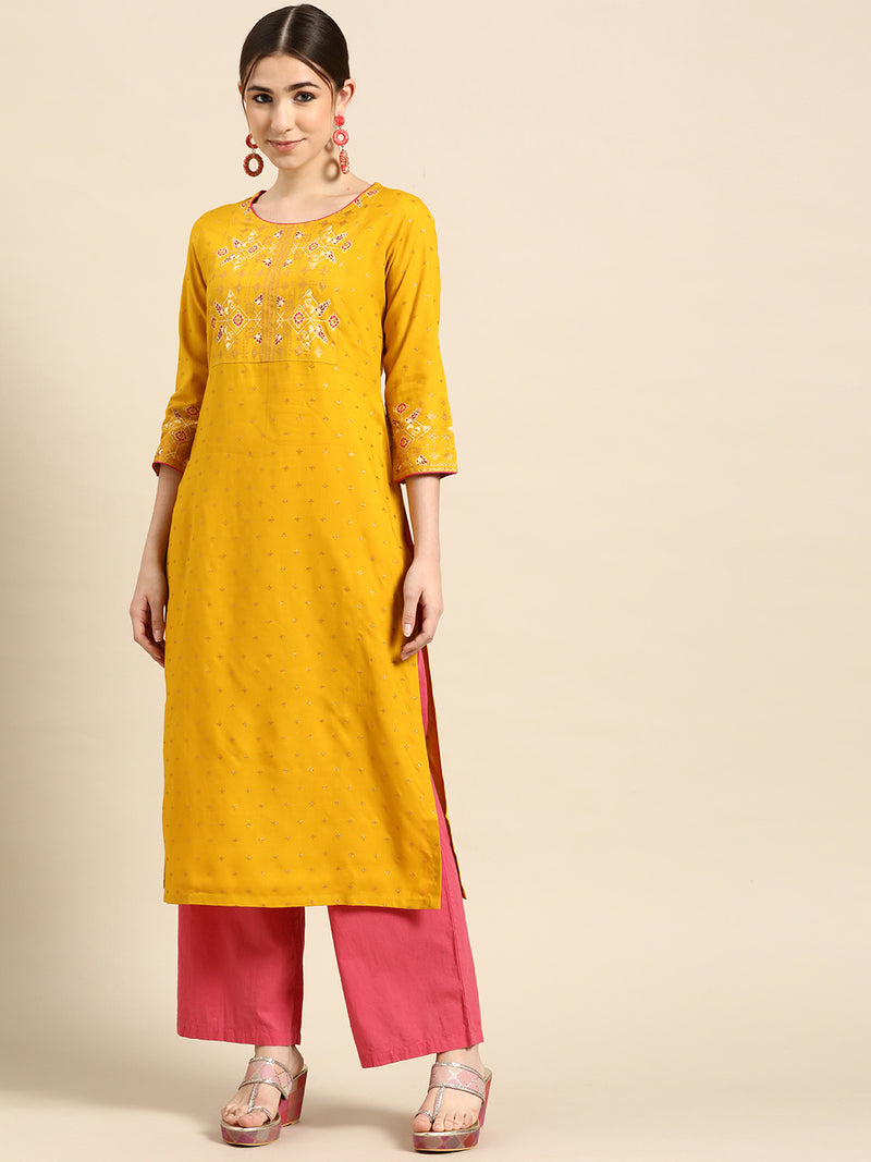 Yellow Printed Viscose Rayon Kurta
