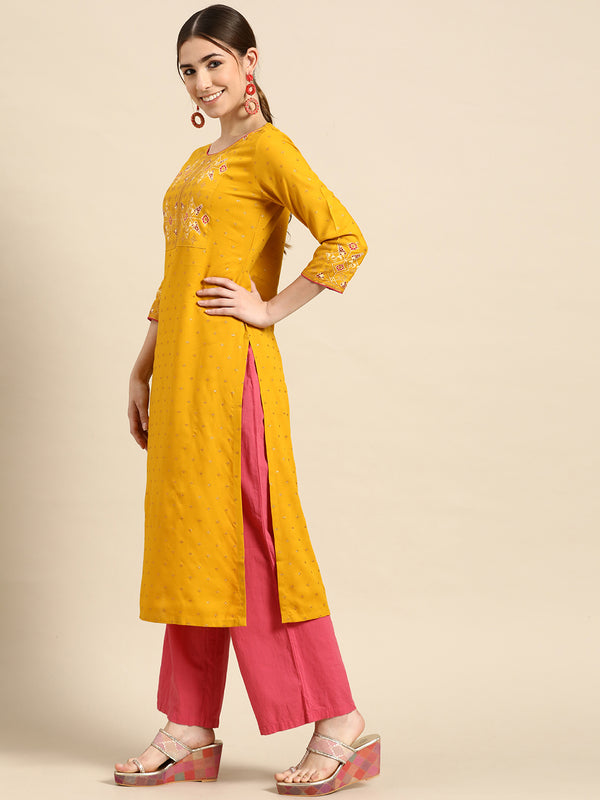 Yellow Printed Viscose Rayon Kurta