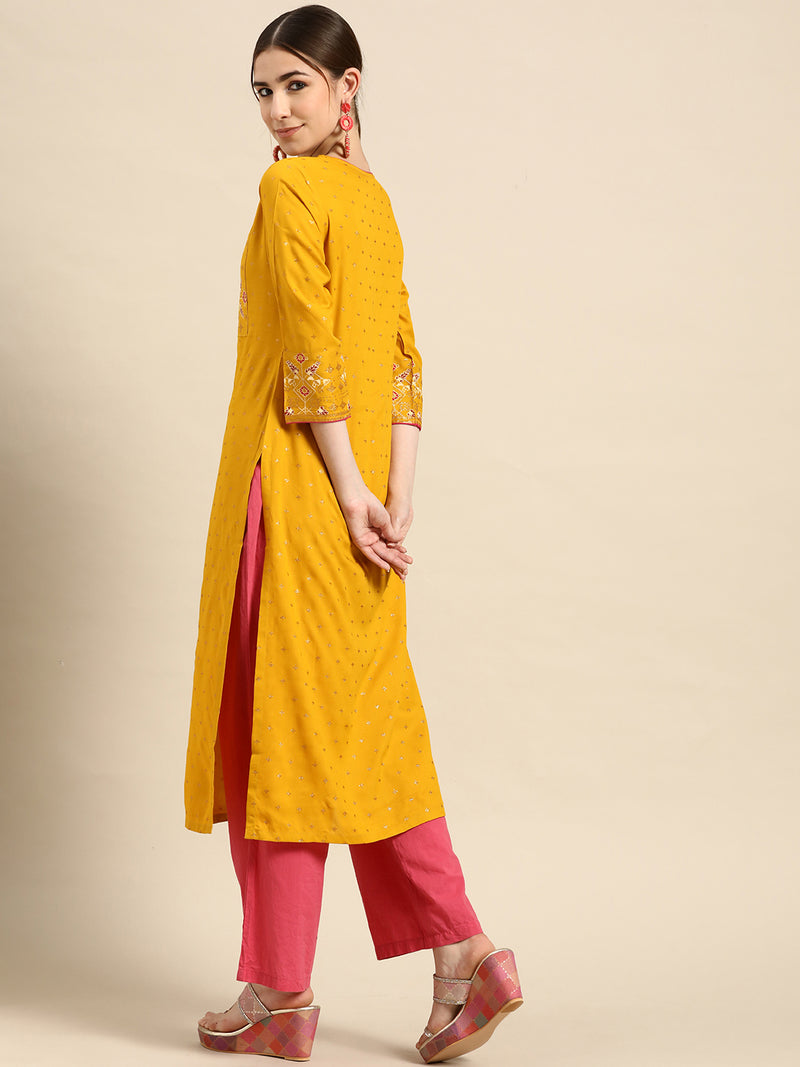 Yellow Printed Viscose Rayon Kurta