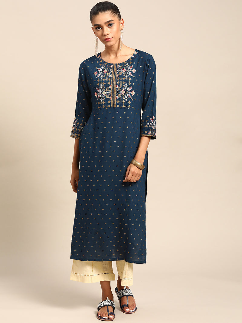 Blue Printed Viscose Rayon Kurta