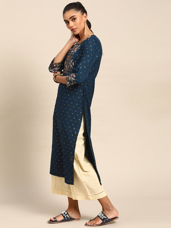 Blue Printed Viscose Rayon Kurta