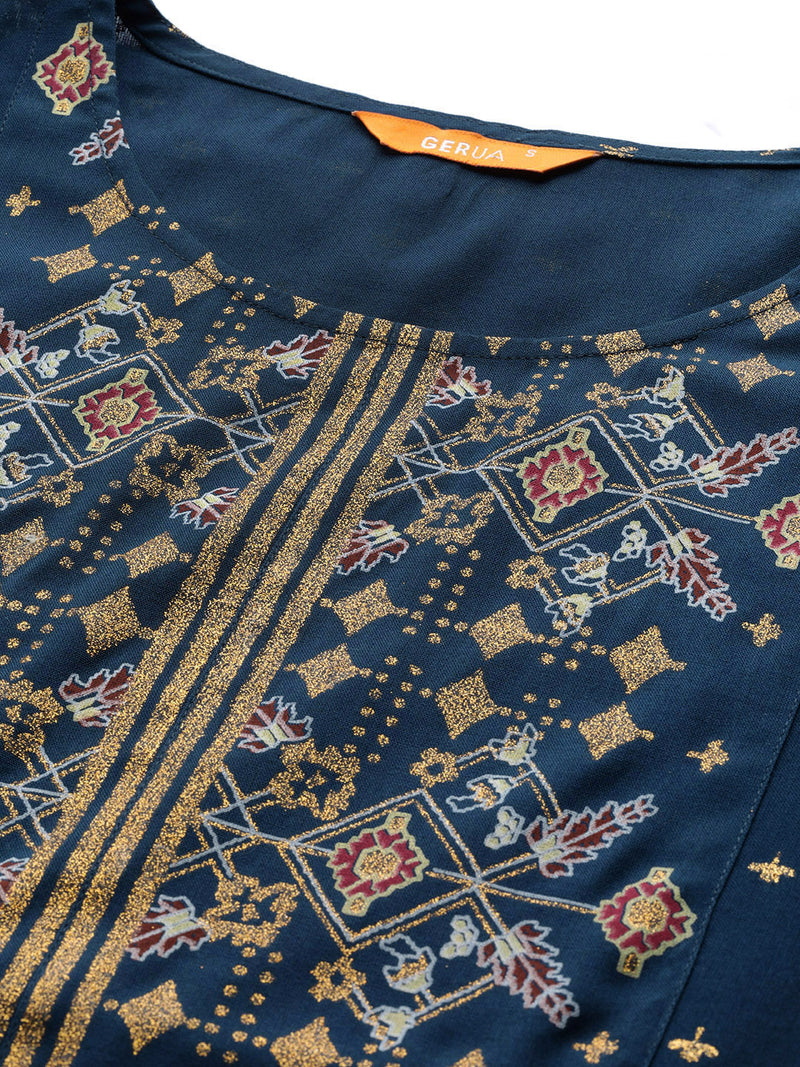 Blue Printed Viscose Rayon Kurta