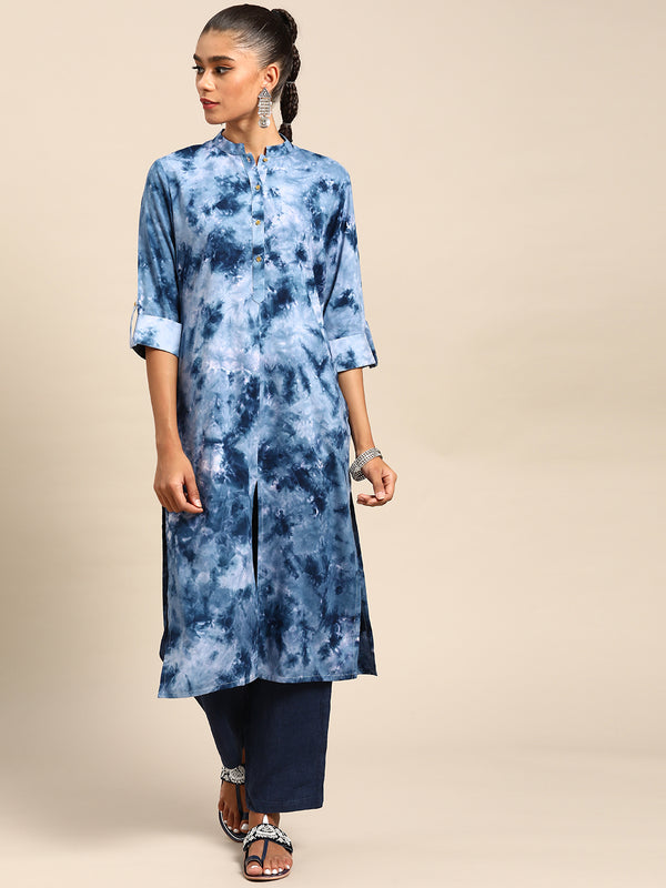 Blue Printed Viscose Rayon Kurta