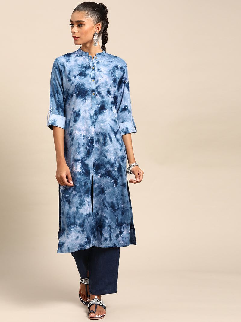 Blue Printed Viscose Rayon Kurta