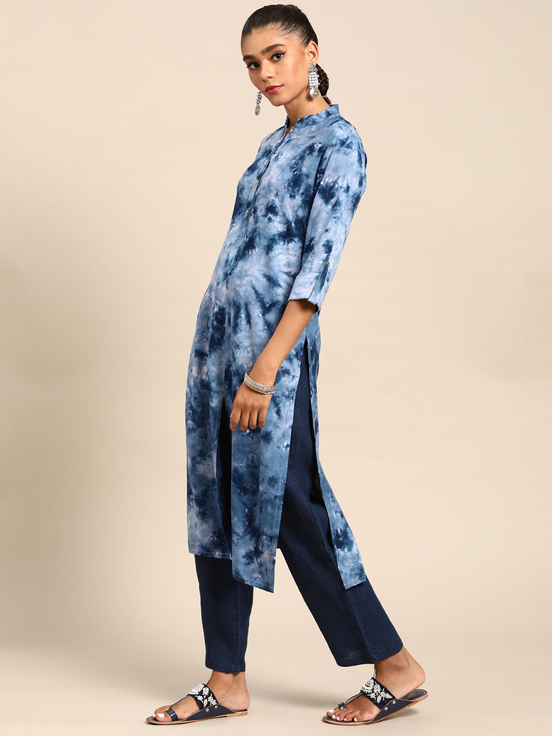 Blue Printed Viscose Rayon Kurta