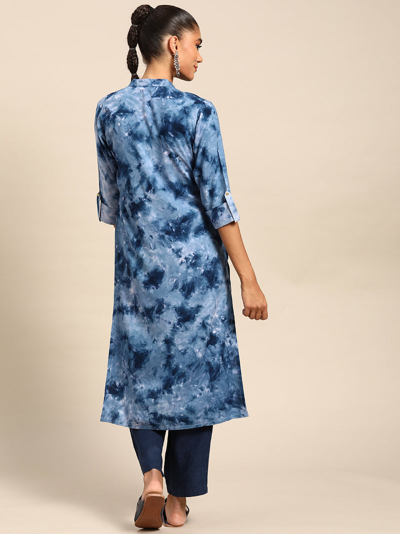 Blue Printed Viscose Rayon Kurta