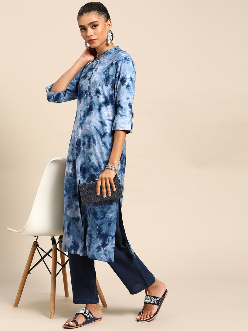 Blue Printed Viscose Rayon Kurta