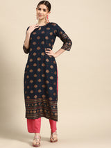 Navy Blue Printed Viscose Rayon Kurta