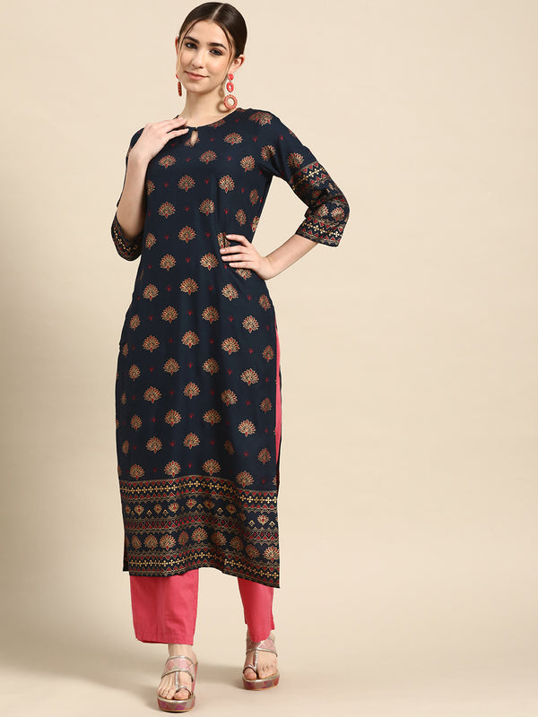 Navy Blue Printed Viscose Rayon Kurta