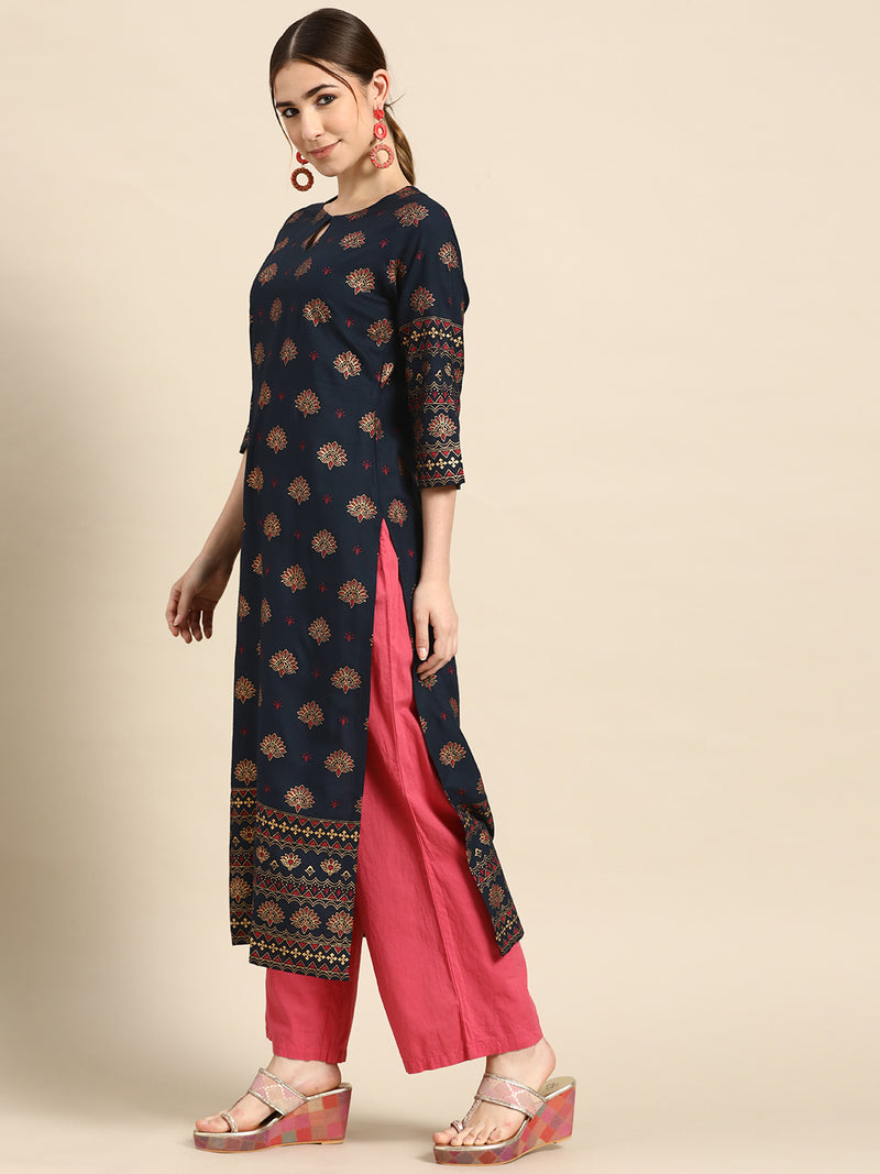 Navy Blue Printed Viscose Rayon Kurta
