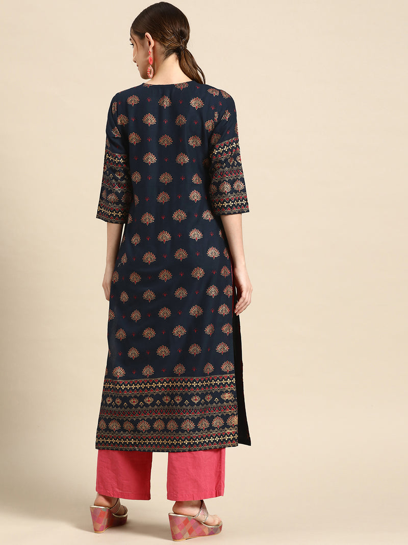 Navy Blue Printed Viscose Rayon Kurta