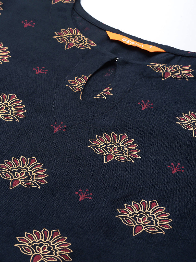 Navy Blue Printed Viscose Rayon Kurta