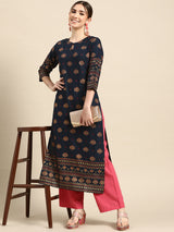 Navy Blue Printed Viscose Rayon Kurta