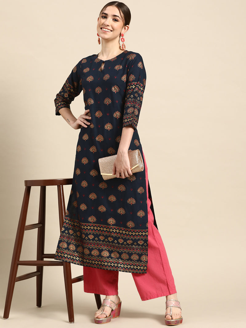 Navy Blue Printed Viscose Rayon Kurta