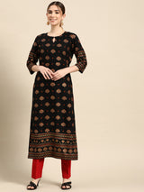 Black Printed Viscose Rayon Kurta