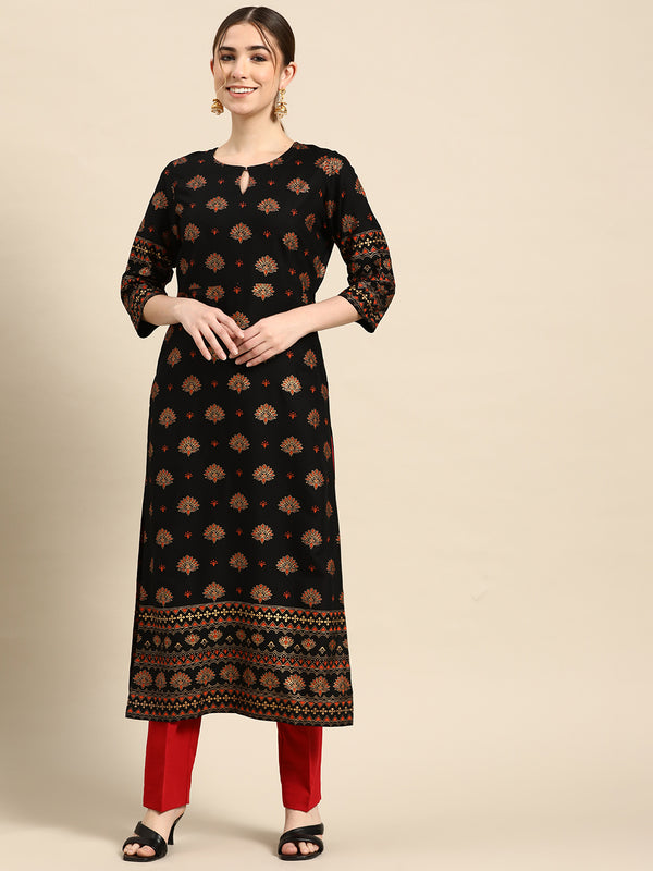 Black Printed Viscose Rayon Kurta