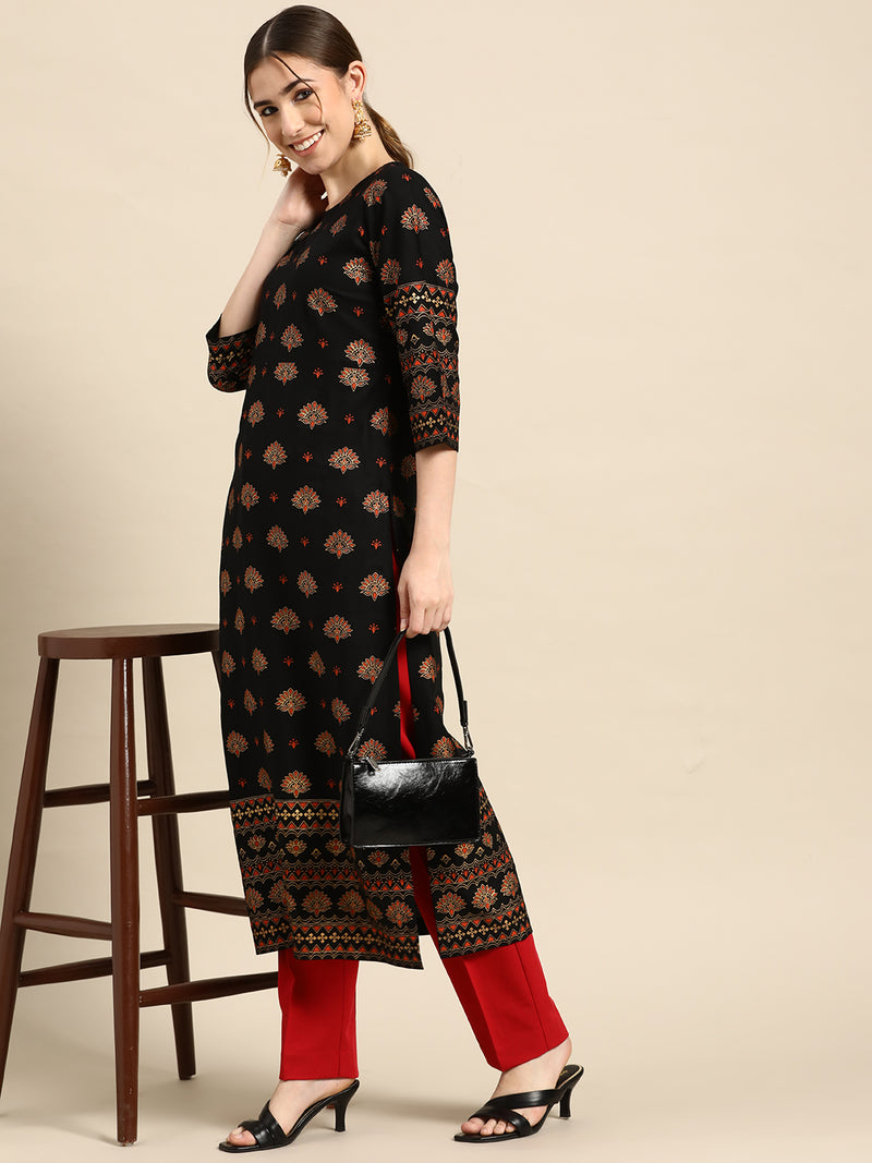 Black Printed Viscose Rayon Kurta