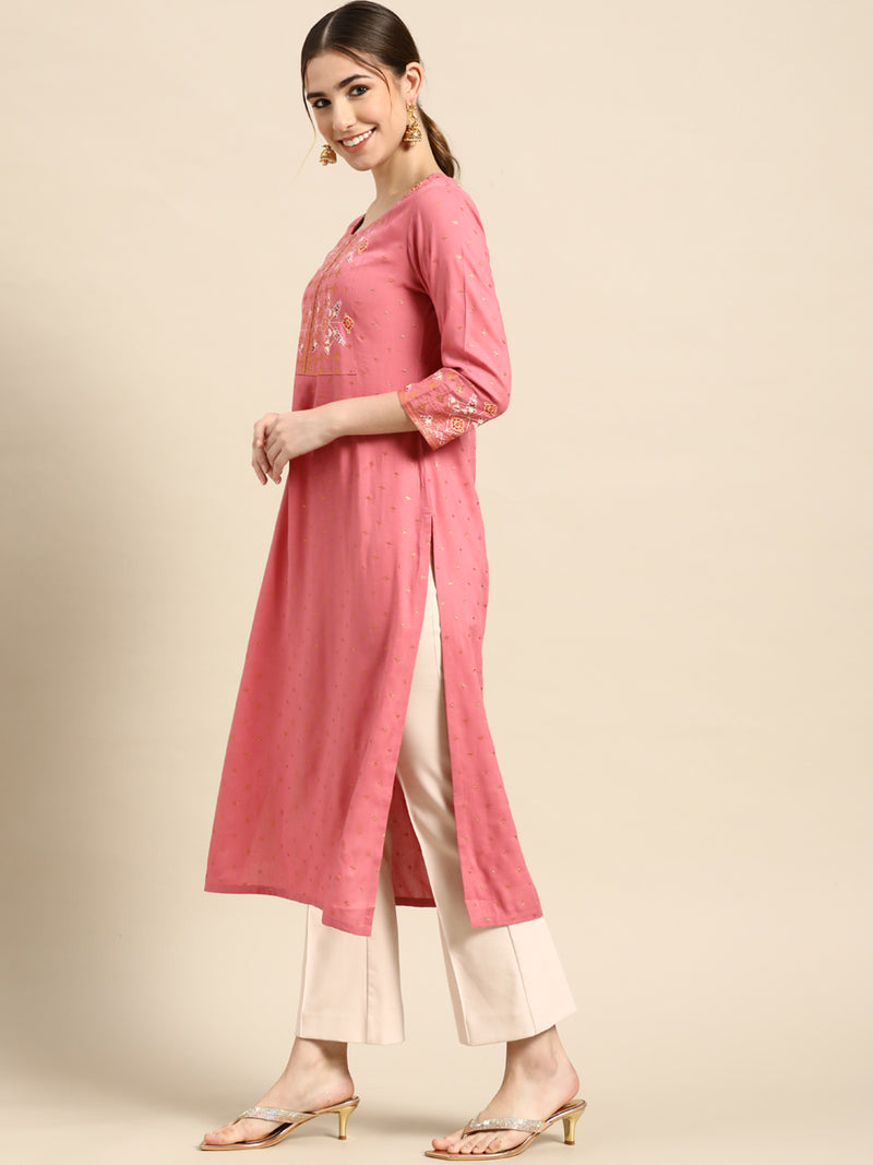 Pink Printed Viscose Rayon Kurta