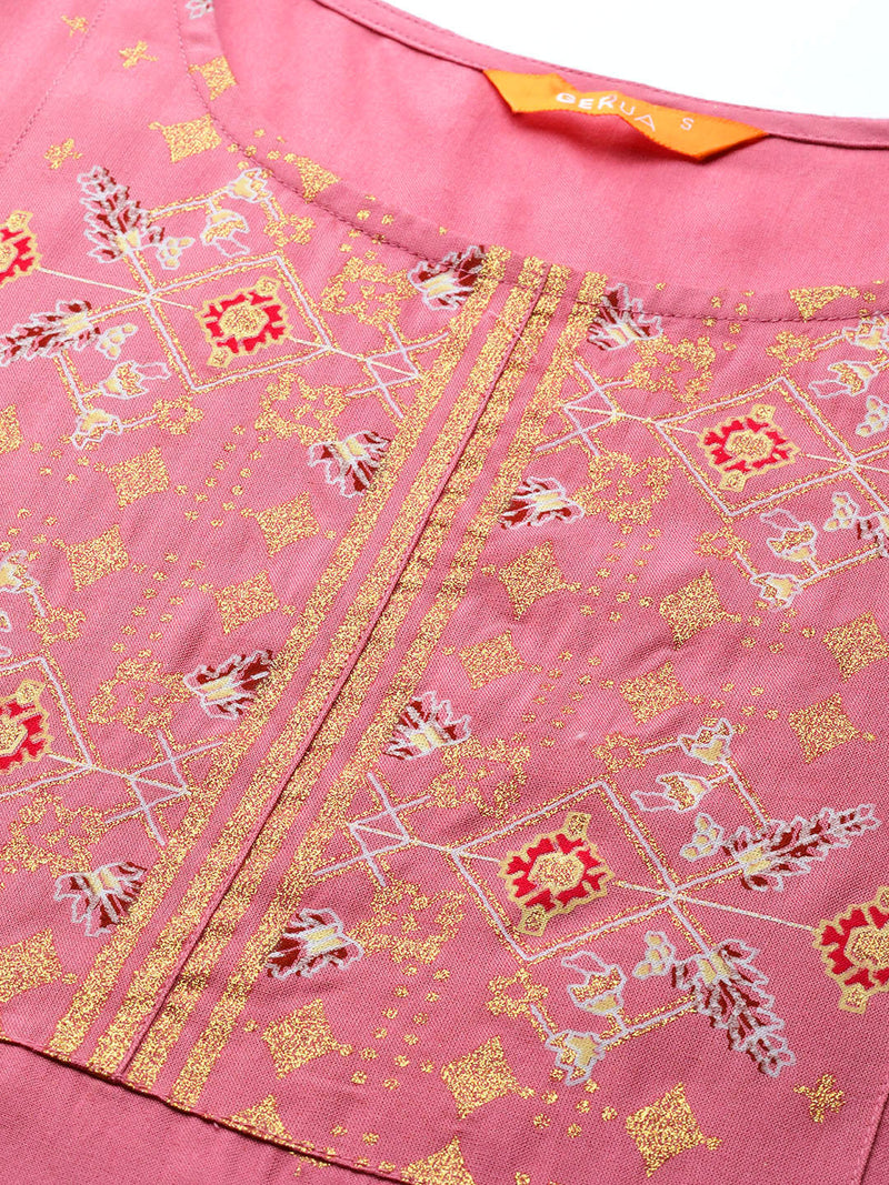 Pink Printed Viscose Rayon Kurta