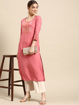 Pink Printed Viscose Rayon Kurta
